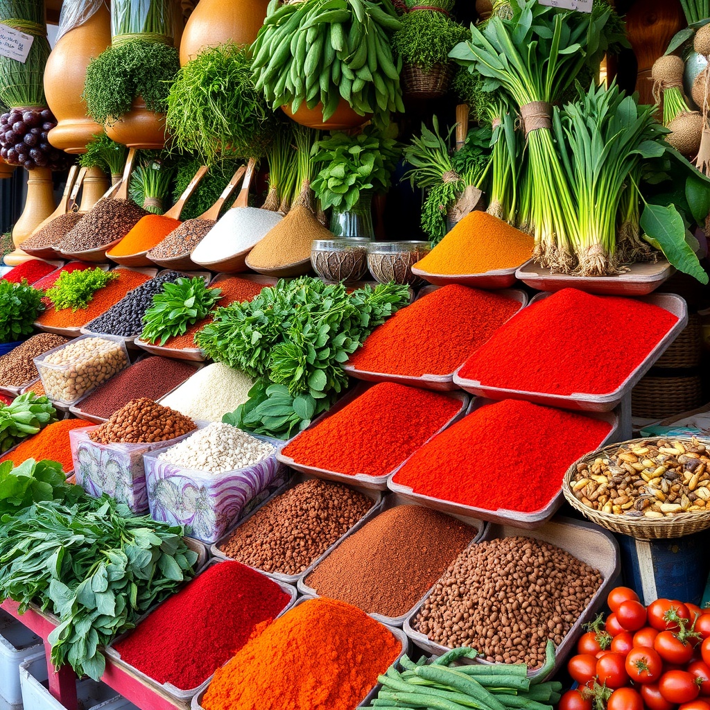 Market stall with spices, herbs and fresh produce