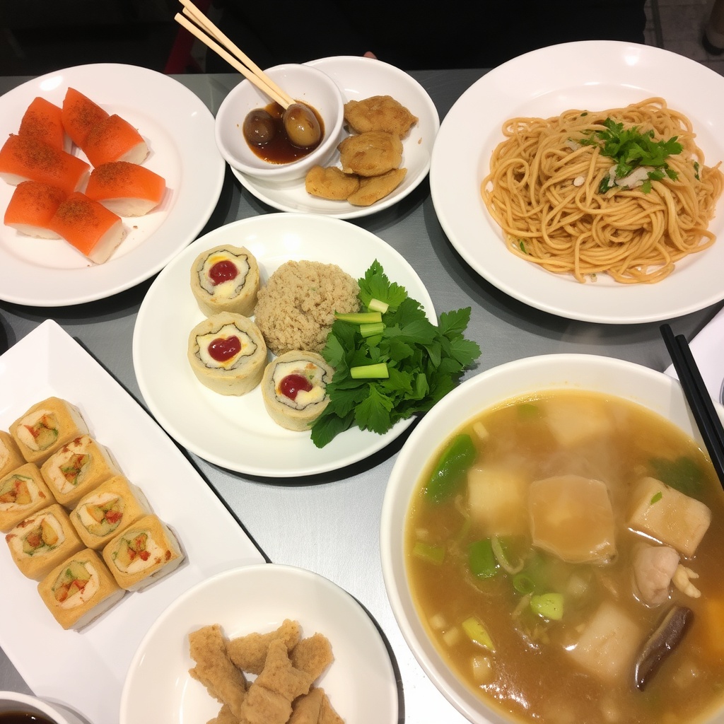 Assorted Asian dishes including sushi, dim sum and noodle soup