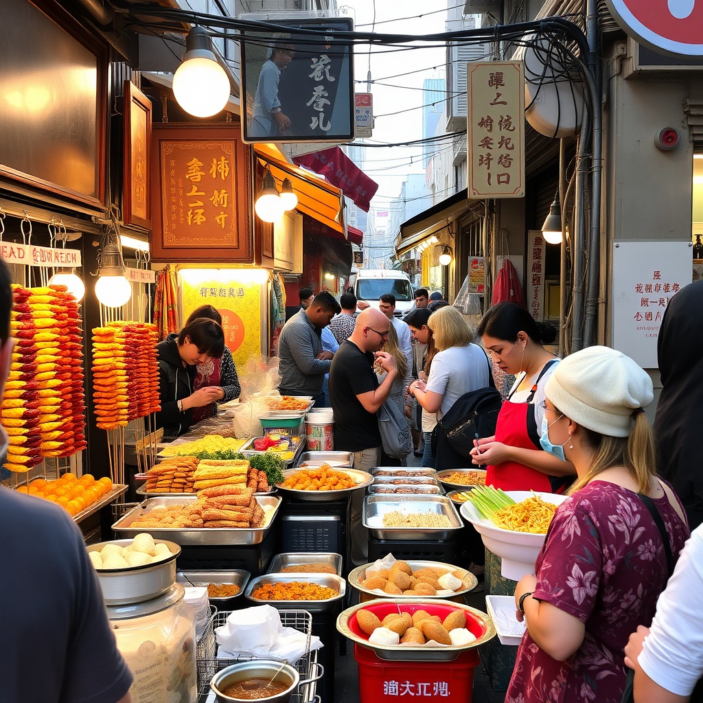 Street food market with stalls and customers