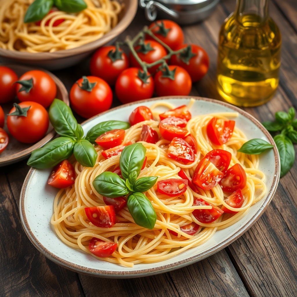 Italian pasta with tomatoes and basil on a wooden table